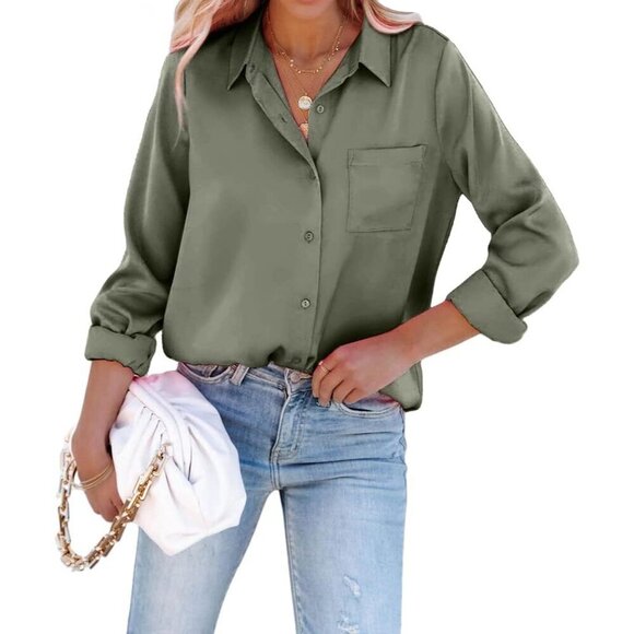 Tops - Women Satin Button Down Shirt Silk Long Sleeve Business Office Blouse